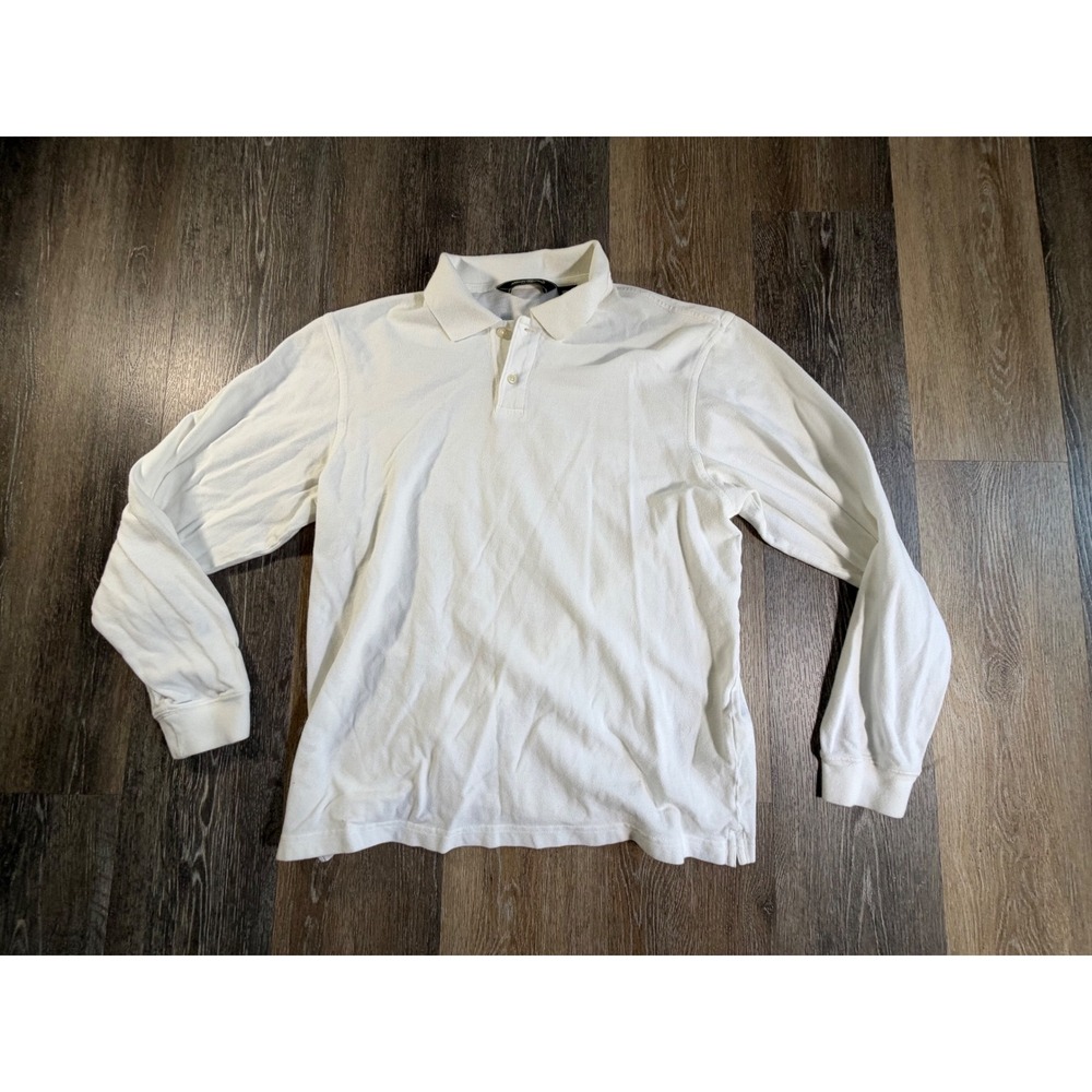 Eddie Bauer Polo Shirt Mens Large White Long Sleeve Cotton Pique Classic